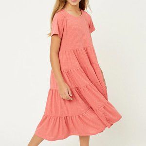Girls Coral Pink Casual Comfy Tiered Stretchy Dress - FINAL CLEARANCE